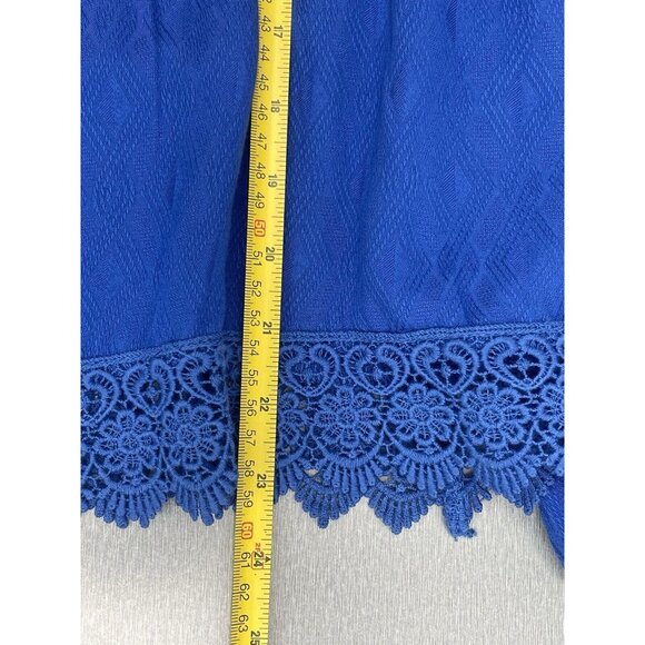 Farmers Market Women's Blouse Petite Medium 100% Rayon Lace V-Neck Boho Blue - Picture 10 of 13